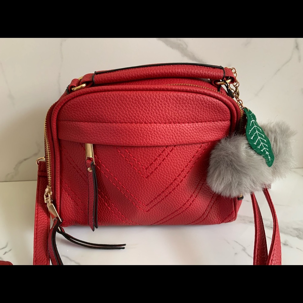Brand New Rich Red Handbag with Pom Poms
